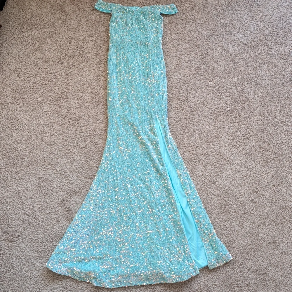 Faeriesty Mint Off Shoulder Sweetheart Neck High Slit Sequin Party Dress Size XS